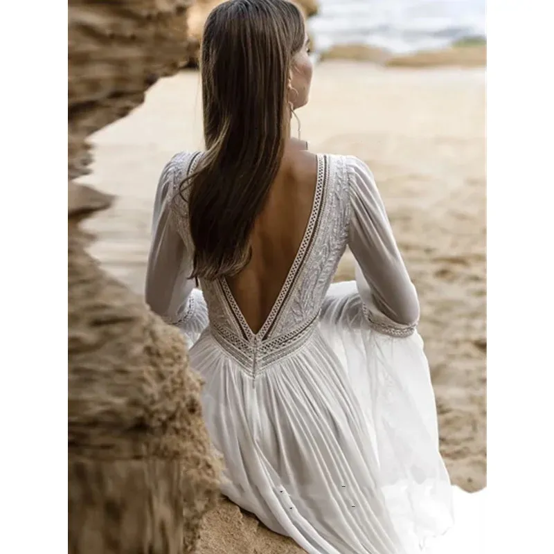 Boho Beach Wedding Dress Long Sleeve YIANN V-Neck Beach Plus Size Wedding  Dresses For Bride Long Sleeve Lace Chiffon Boho Bridal Gowns Ivory Uk26  Western Style Wedding Dresses