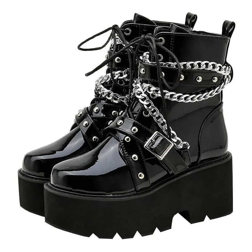 DHgate Goth Patent Leather Chunky Platform High Heel Ankle Combat Boots for Women Shoes Accessories