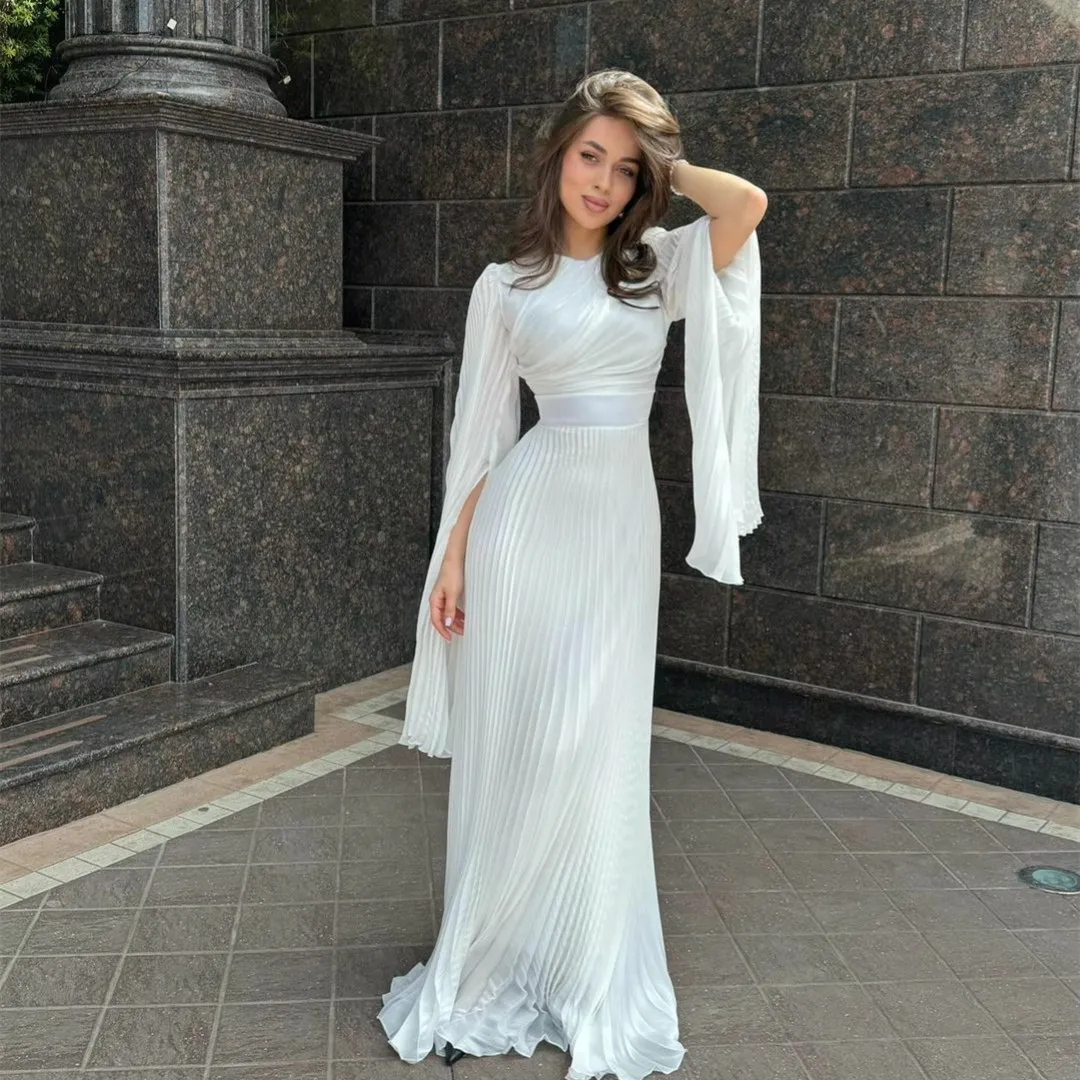 Classic Long Sleeve Jewel Neck Chiffon Evening Dresses Sheath Ivory Pleated  Zipper Back Floor Length Prom Dresses For Women From Lavida_beauty, $79.07  | DHgate.Com