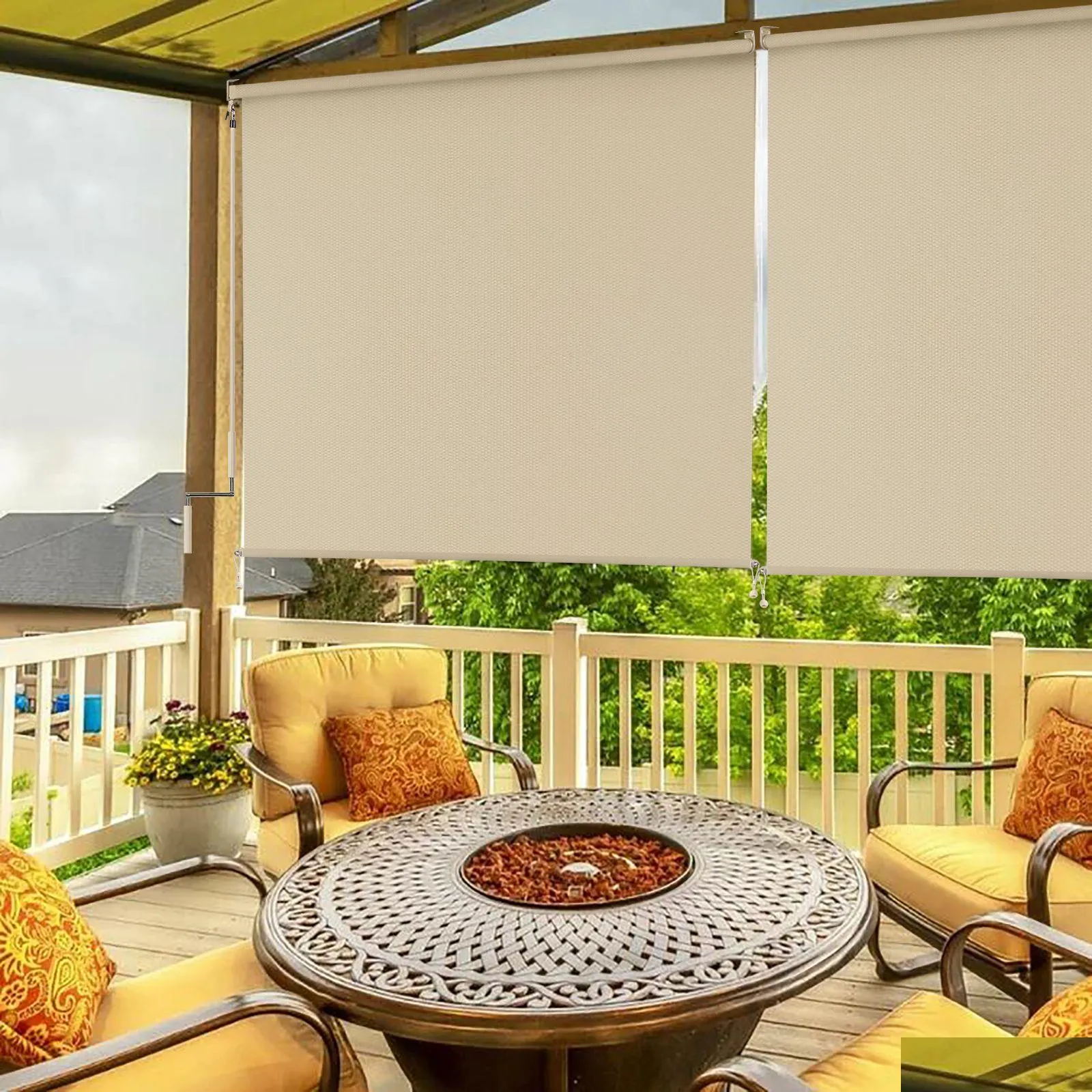 Beige Outdoor Blinds Waterproof Roller Shades for Patio Balcony and Gazebo Privacy