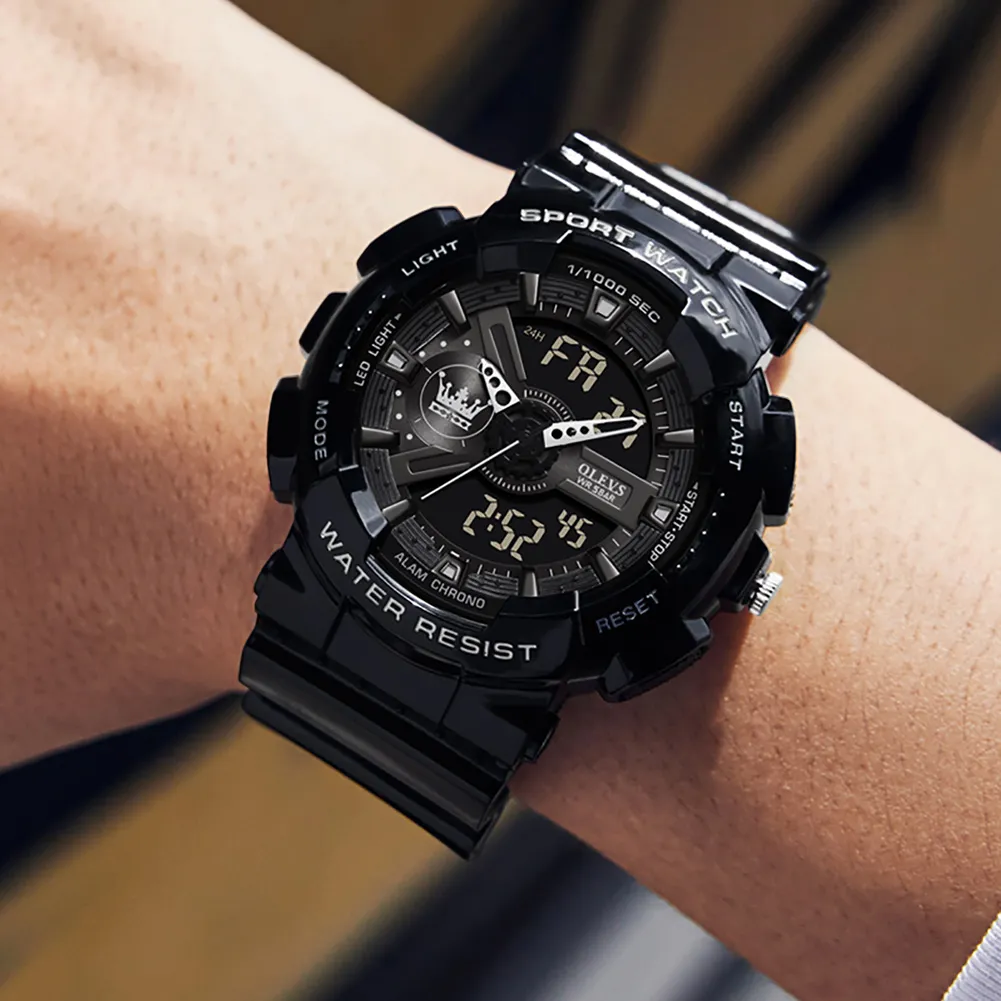 Men s Luxury Sports Watch 50mm Waterproof Dual Display Military Watch with Large Dial Black