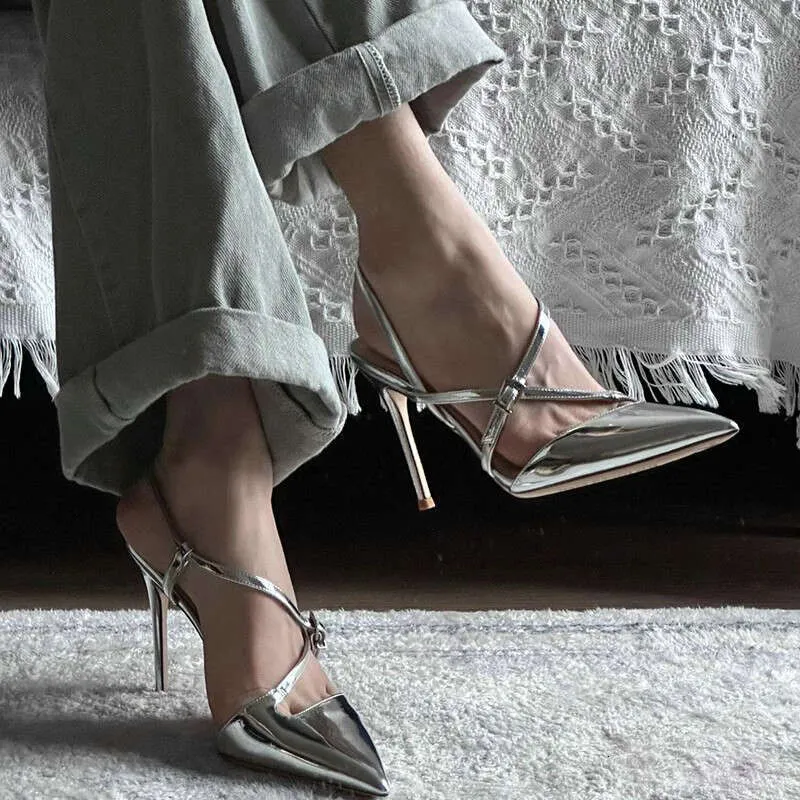 Sier Leather Cross-Buckle Pointed-Toe High-Heel Pumps for