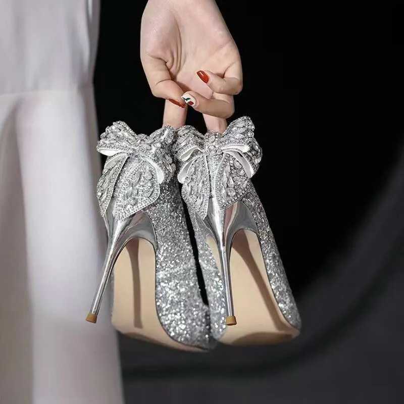 Sparkling Crystal Bow Sequin High Heels for Women Bridal Wedding Party  Shoes
