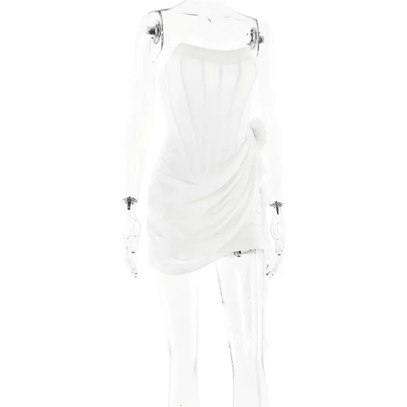 white chiffon mesh corset flower drape mini dress White Chiffon Mesh Corset Flower Drape Mini Dress