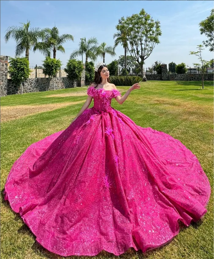 Rose Pink One Shoulder fuchsia quinceanera dresses with Embellished Sequin Corset and Cathedral Train Perfect for Children Aged 1 6 Years