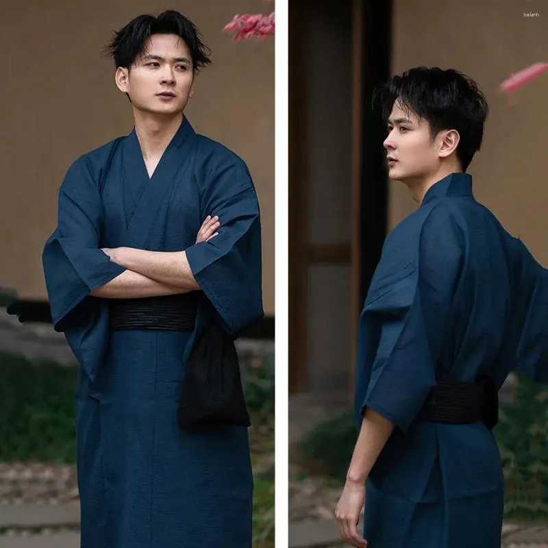 Men s Japanese Kimono Yukata Robe Traditional Navy Hekoobi Sauna Wear