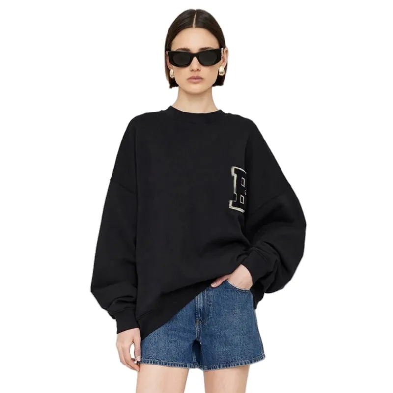 Suéteres bordados AB, sudaderas holgadas de vellón negro para mujer, sudaderas con cuello redondo de diseñador, sudaderas suaves de algodón puro a la moda_voghion.com