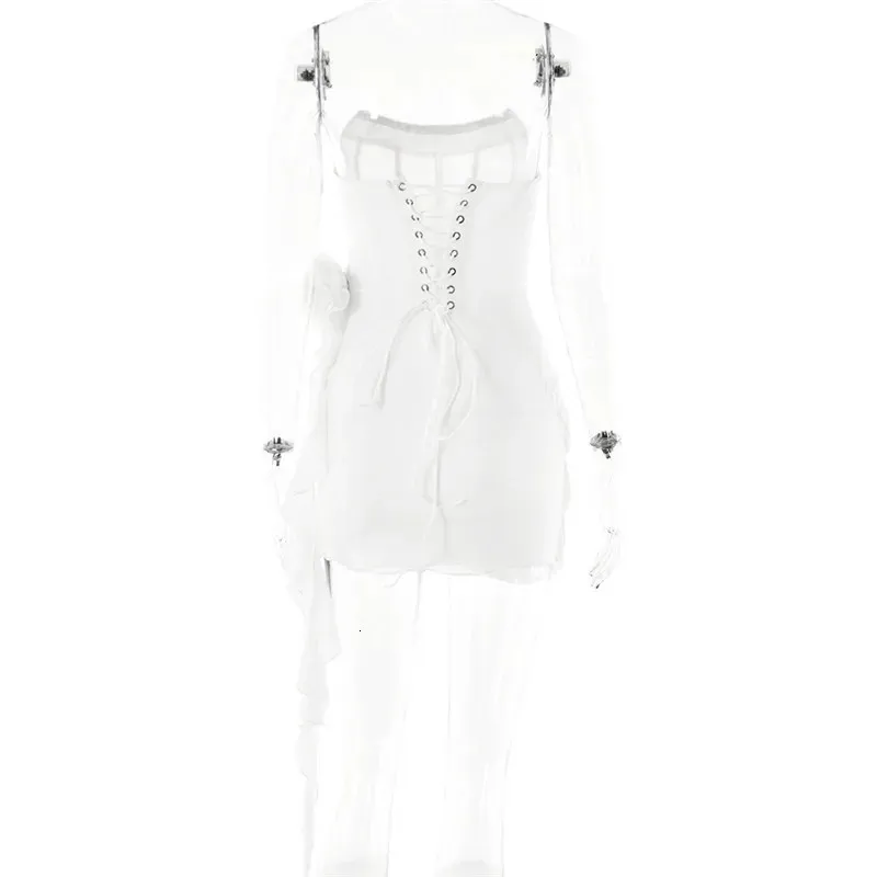 white chiffon mesh corset flower drape mini dress White Chiffon Mesh Corset Flower Drape Mini Dress