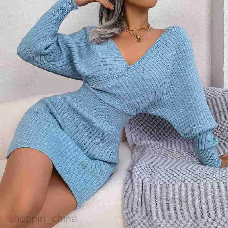 Women's Knit Woolen Dress in Blue with Cross V-Neck and Casual Comfortable Outfit