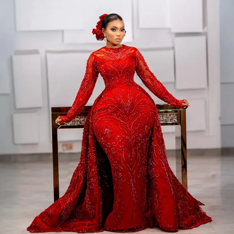 Red Mermaid Prom Dress with Detachable Train - Plus size, Illusion Long Sleeves, Jewel Beaded Lace, Perfect for Birthday, Second Reception, Gala -