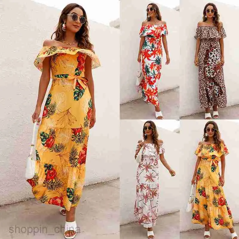 DHgate Ruffle Neck Summer Dress Printed One Piece Casual Wear for Women Apparel