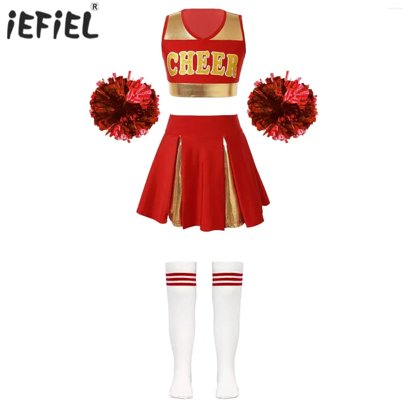 Economize muito em Halloween Clothing Sets Kids Girls Dance Uniform  Cheerleader Costume Carnival Halloween Christmas School Dress With Pom Poms  Party