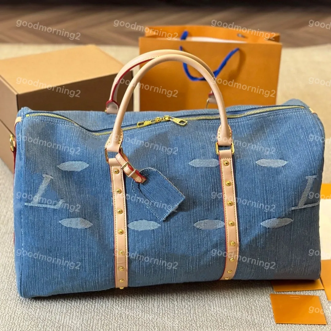 Denim Multi-Size Travel Duffle Bag with Shoulder Strap for