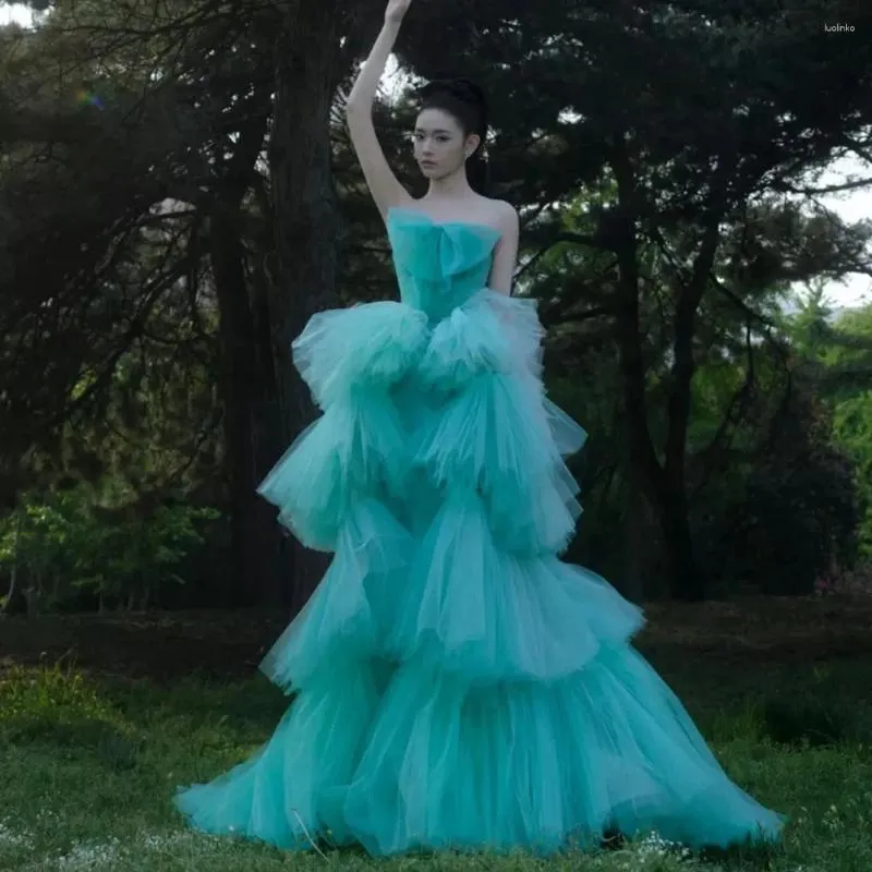 knee length dresses for ladies Mesh Layered Top Mesh Long Prom Dress main image 0