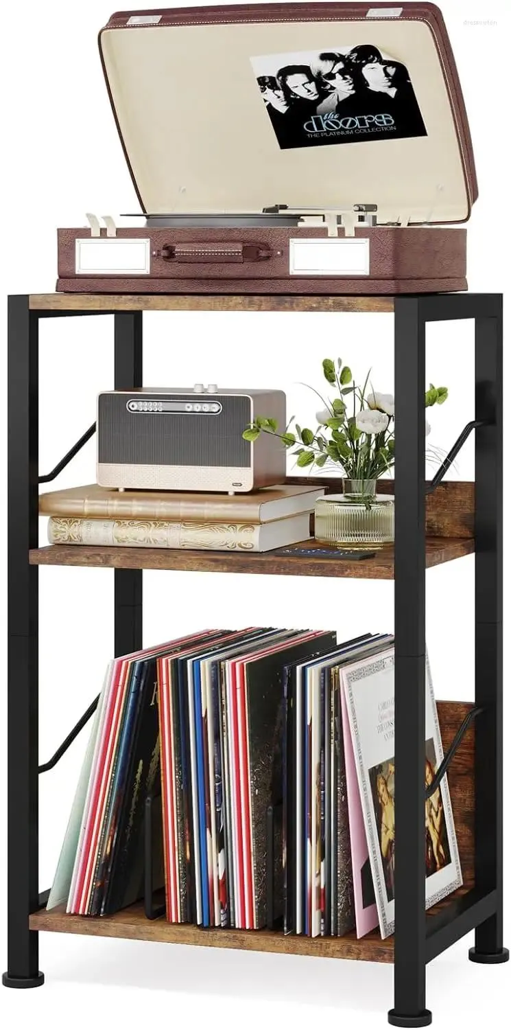 3 Tier Record Player Stand With Vinyl Storage & Now Playing Holder - Gold & White Turntable Table