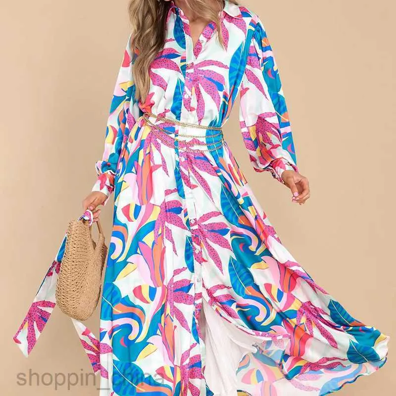 Summer Long Flowy Dresses Casual for Women - Loose Fit Polo Neck Long Sleeve Lace-Up Dress (Style 661)
