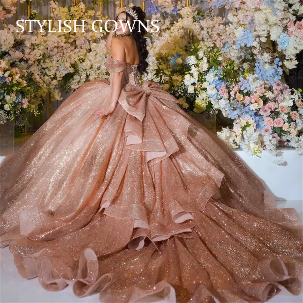 rose gold quinceanera dress 1877 By Dancing Queen / XSmall Featuring a stunning halter neckline paired with a corset lace up to compliment your figure Sparkly Rose Gold Quinceanera Dress