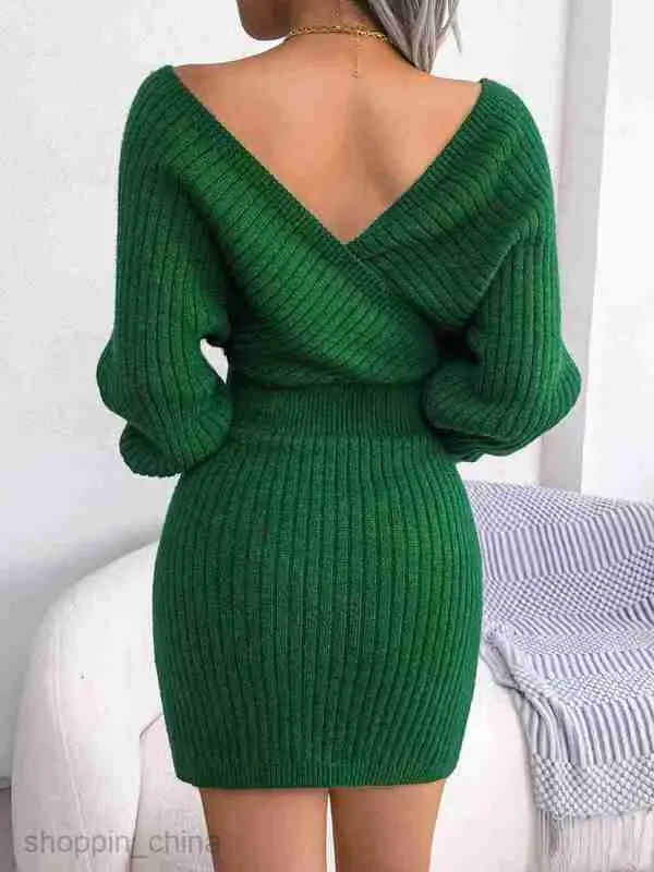 Women's Knit Woolen Dress in Blue with Cross V-Neck and Casual Comfortable Outfit