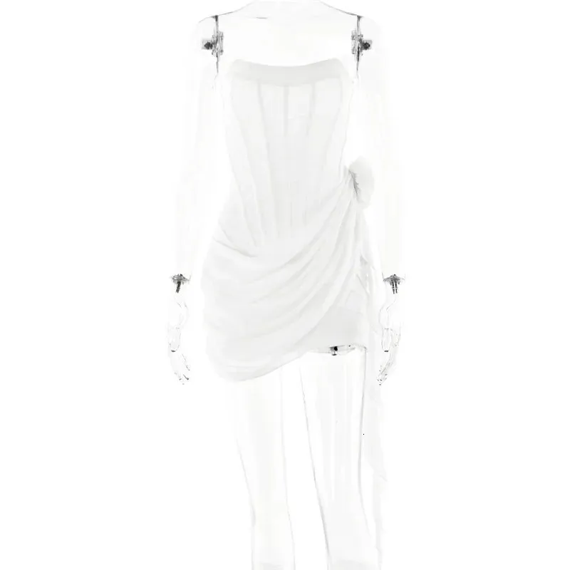 white chiffon mesh corset flower drape mini dress Short White 3D Floral Corset Dress with Sheer Bodice Bridal & Reception Mini