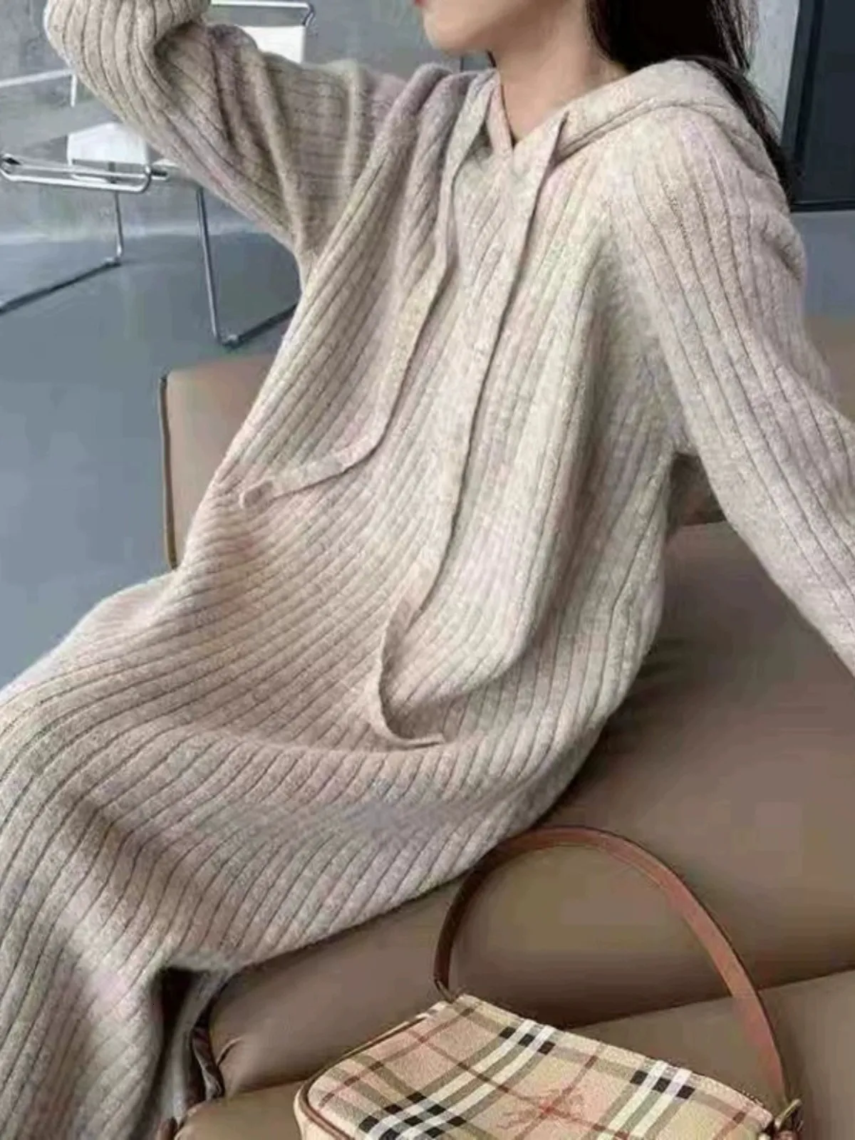 ddmymarket Hooded Cashmere Knit Sweater Dress - Mid-Length Loose Wool Hoodie for Women - Straight Fit Temperament Base Shirt ddmymarket Hooded Cashmere Knit Sweater Dress - Mid-Length Loose Wool Hoodie for Women - Straight Fit Temperament Base Shirt