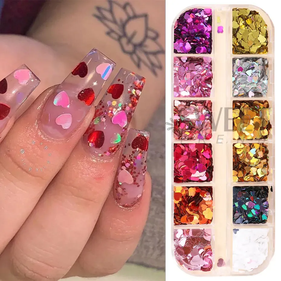 Valentine's Day Love Heart nails glitter pink - 12