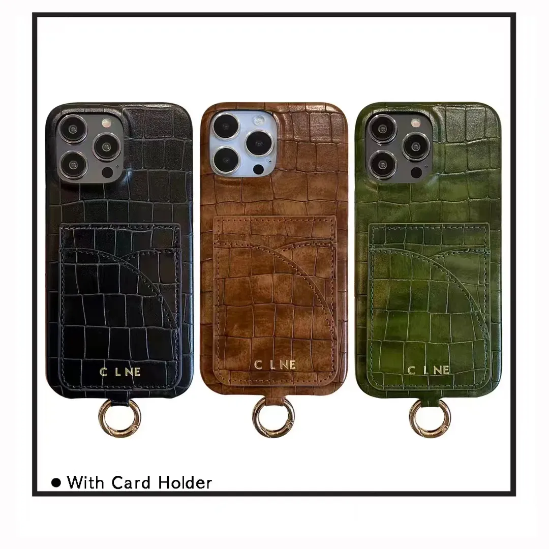 Textured Phone Case With Card Holder Strap Crocodile Leather For