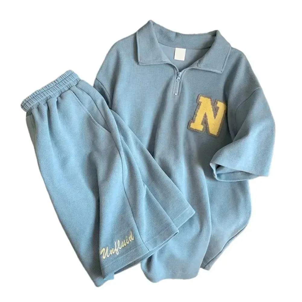 Waffle Sports Suit Unisex Summer Men Loose Short Sleeve T-shirt Shorts Jogger Outfit Two-piece Set Letter Print Casual_voghion.com