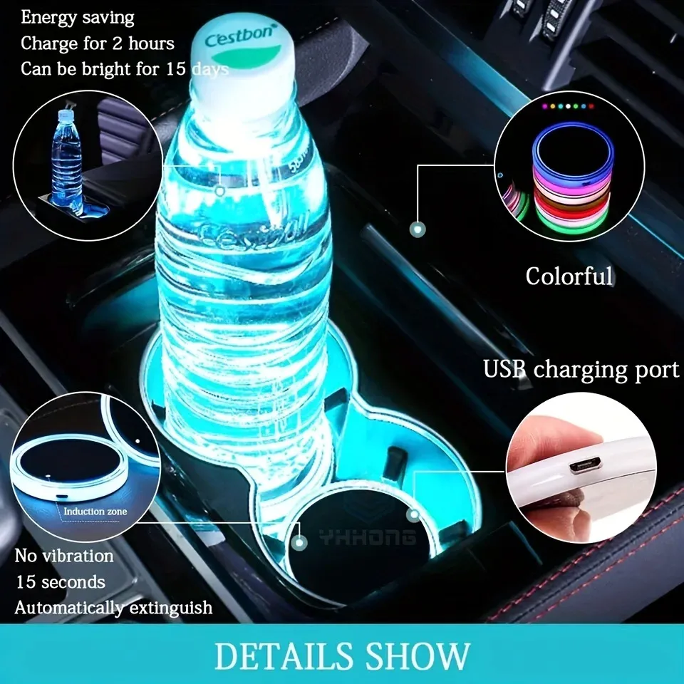 2PCS LED Cup Holder Lights For Car, Rechargeable 7 Color-Changing Light Up Cup Holder Insert Coasters, Car Accessories For Teens - 34