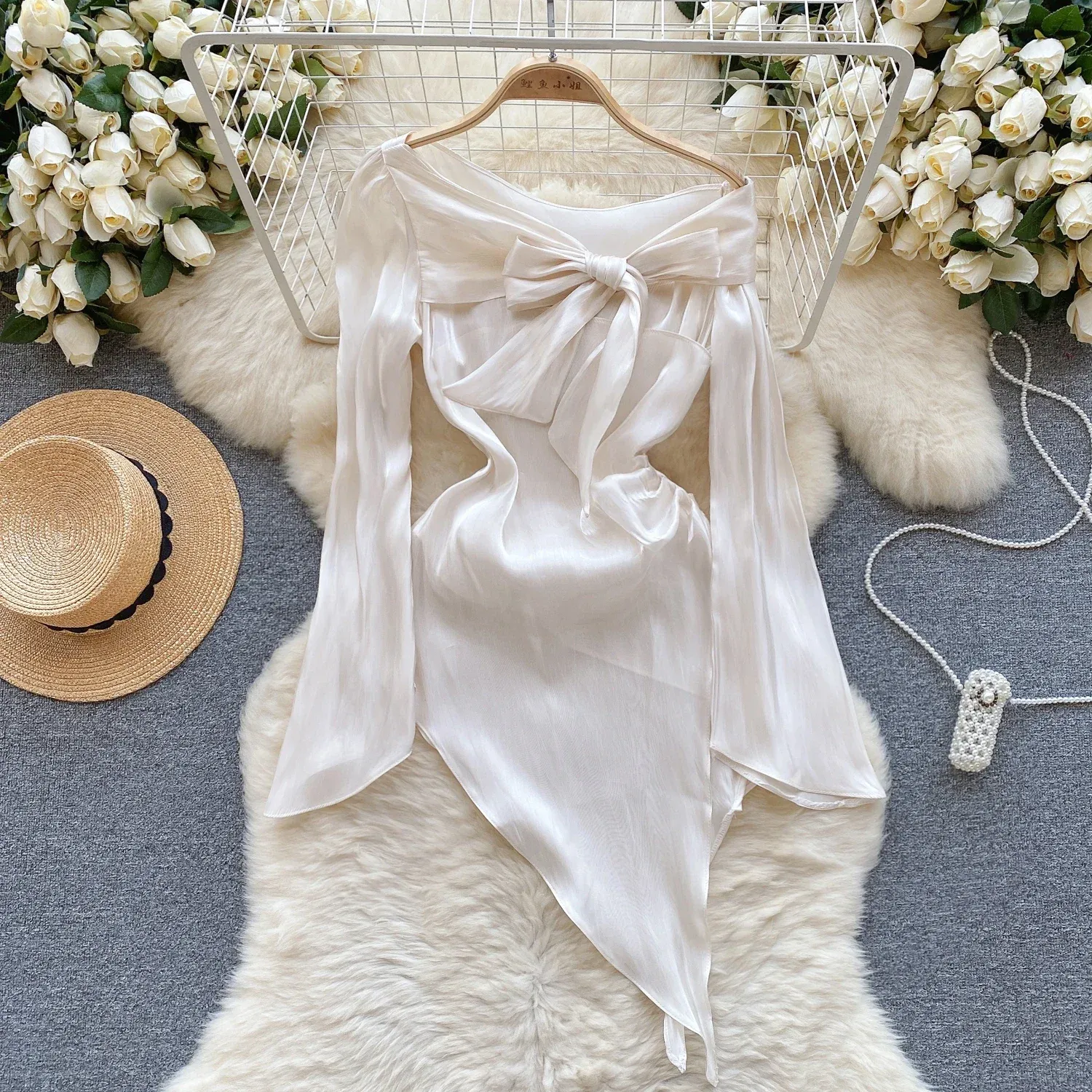 French Chic Satin Blouse Women Irregular Ruffles Bow Off-shoulder 