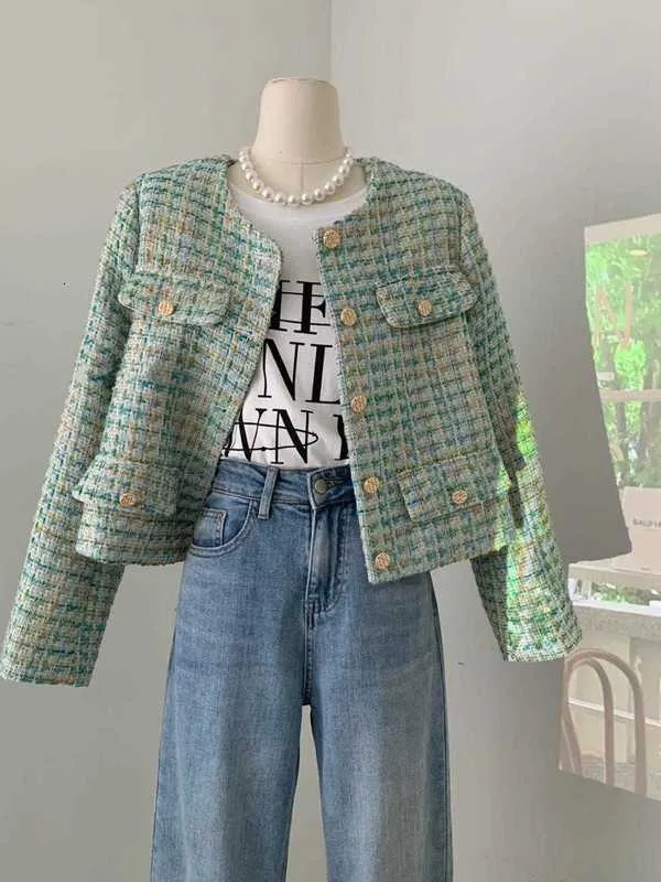 Womens Green Checkered Tweed Jacket: Elegant Spring and