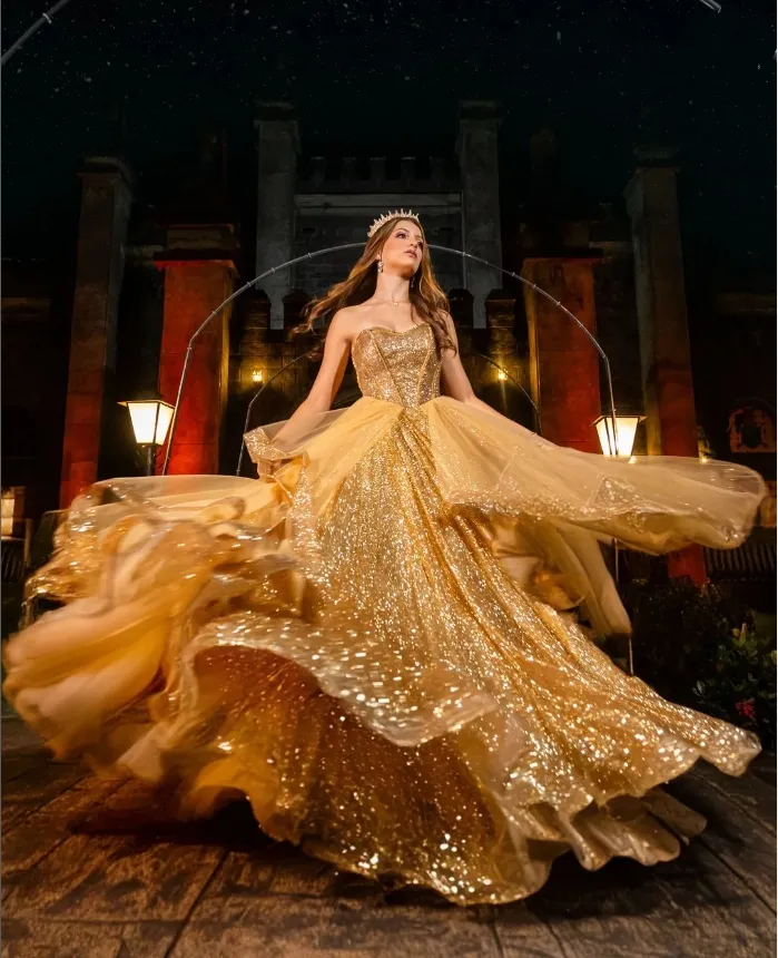 green emerald velvet dress Gold Sparkly Lace Long Sleeve Prom Dress 20897 Gold / 24W main image 0
