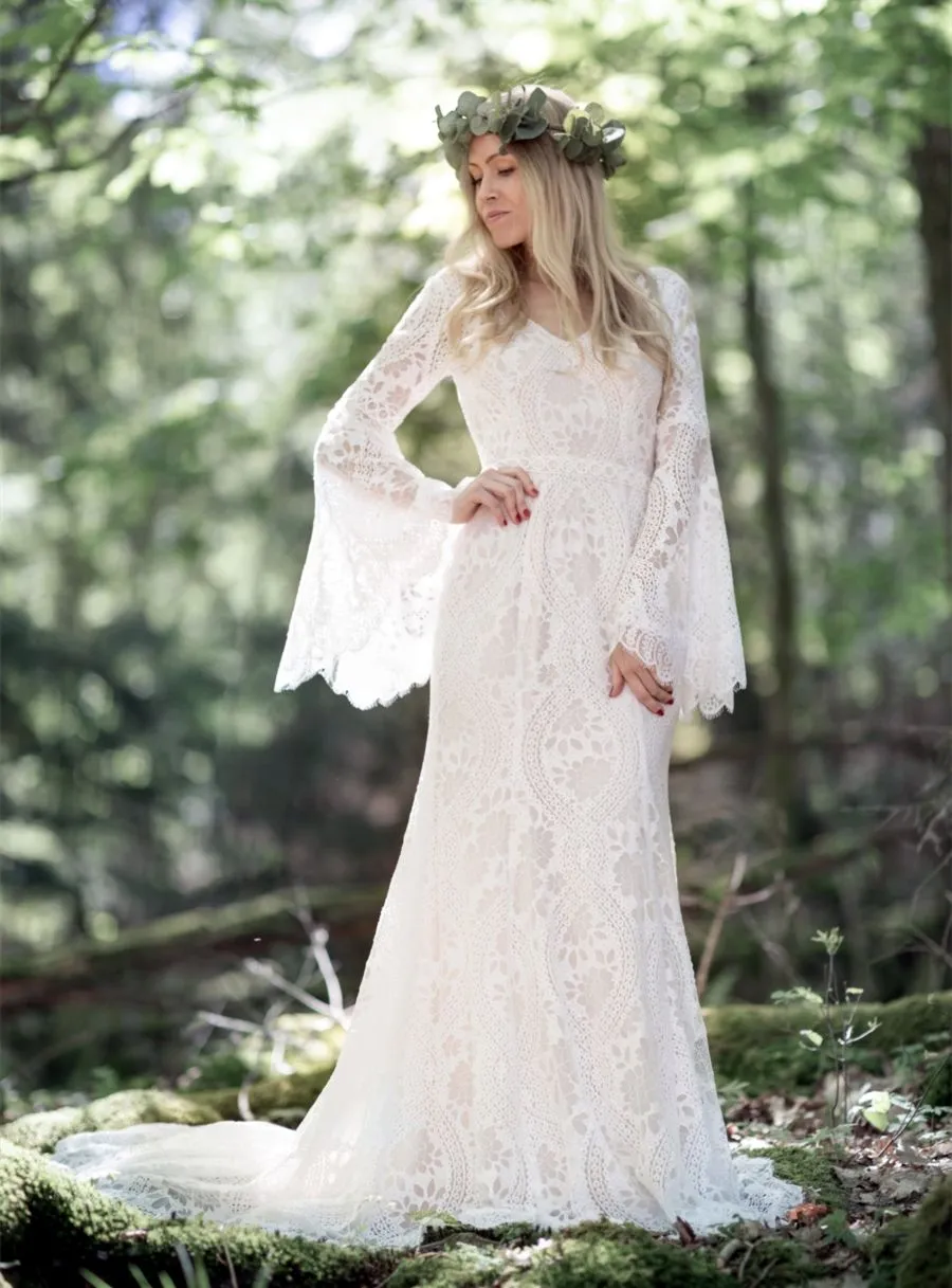 Save Big on Bulk Long Sleeve Backless Mermaid Wedding Dress Bohemian  Wedding Dress, Lace Backless Mermaid Country Bridal Gown, Bell Sleeves,  Rustic,