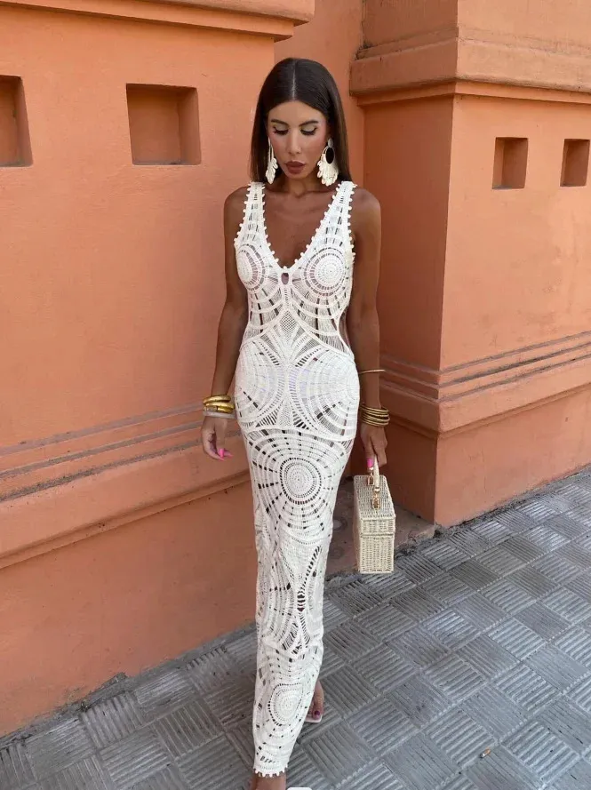 Summer Sexy Crochet Knitted Hollow Out Long Dresse Vneck