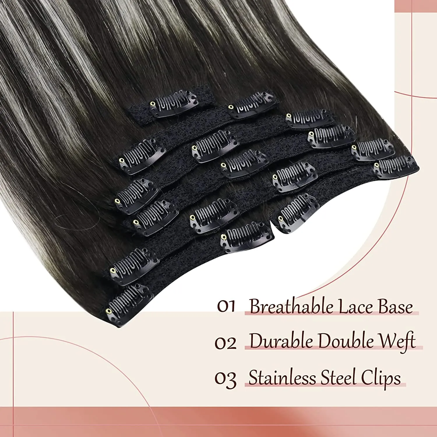 Real Human Hair Clip In Extensions Black Balayage Silver 18 