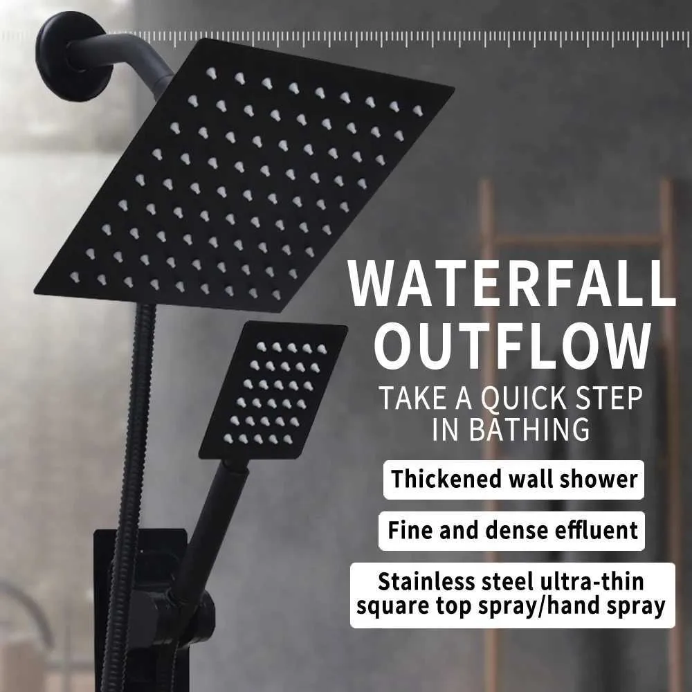 Matte Black Bathroom Shower Head Set - High-Pressure 8 Square Rain ...