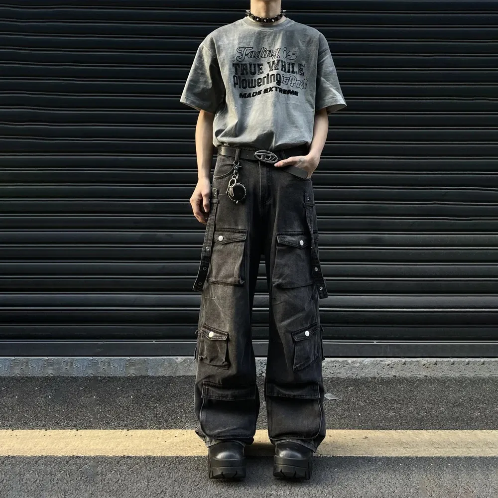 Mens Black Cargo Jeans, Baggy Multi-Pocket Wide Leg Y2K Streetwear