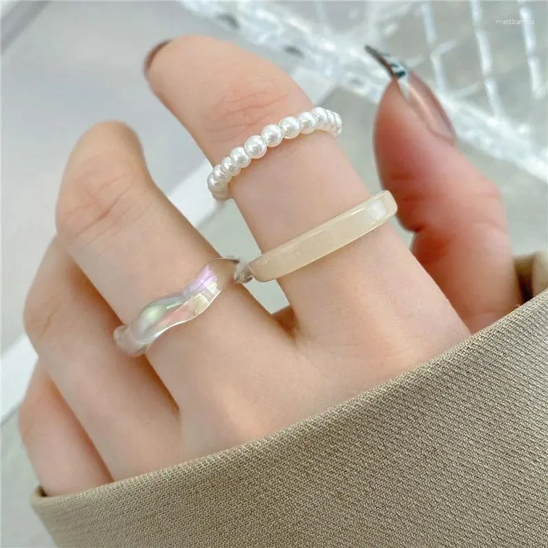 Cluster Rings Set Korean Fashion Acrylic Resin Beaded Elastic Rings for Women 3pcs Light Color Aesthetic Bridal Wedding Party Jewelry