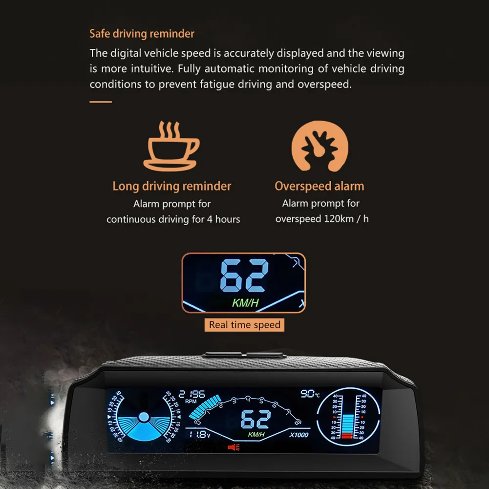 GPS Hellingsmeter PMH KMH Auto Hellingmeter Niveau Kantelmeter HUD Pitch Kantelhoek Display Elektronisch Kompas Hellingmeter Indicator Snelheidsbewaking Universeel voor Auto
