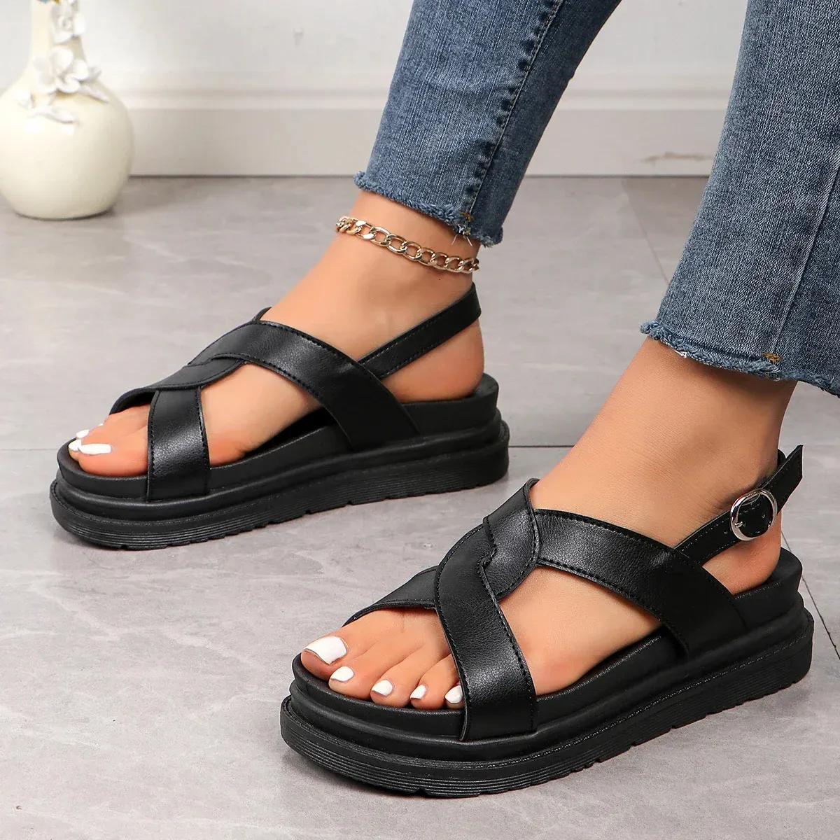 Women's Genuine Leather Flat Wedges Sandals, Stylish Summer Sandals for  Ladies, Comfort Casual Shoes
