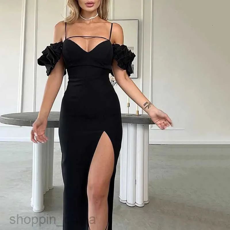 Sexy Solid Color One Shoulder Two Piece Set for Women - Basic Casual Black Evening Dress