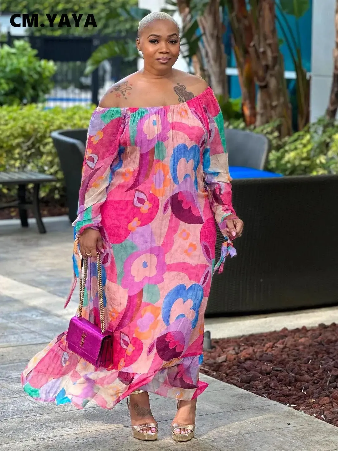 Save Big on Bulk Plus Size Long Sleeve Floral Dress Plus Size  Womens Flower Summary Shoulder Long Sleeve Straight Loose Long Dress Summer 