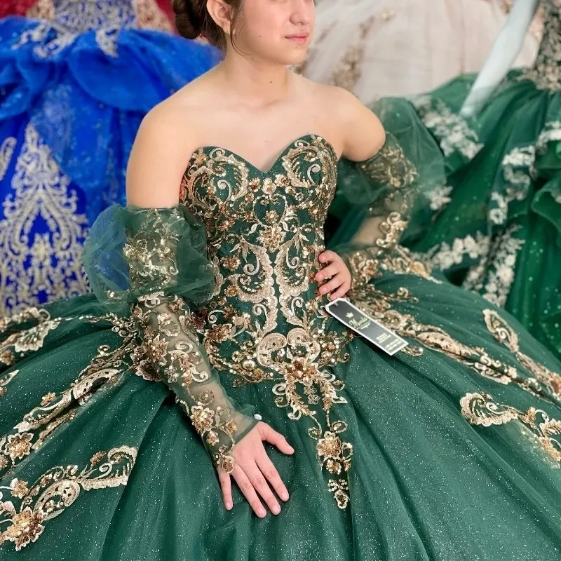 Green Quinceanera Dress with Gold Crystal Beads Lace Appliqu and Lace-Up Corset, Long Sleeves, Floor-Length Ball Gown from Dhgate Quinceanera Dresses - price 285.71 Green Quinceanera Dress with Gold Crystal Beads Lace Appliqu and Lace-Up Corset, Long Sleeves, Floor-Length Ball Gown from Dhgate Quinceanera Dresses - price 285.71