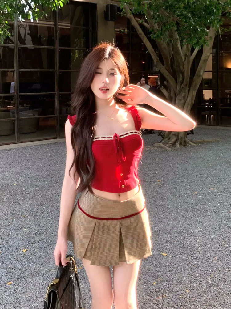 Harajuku 2000s Aesthetic Skirt Set Red Off Shoulder Tank Top and