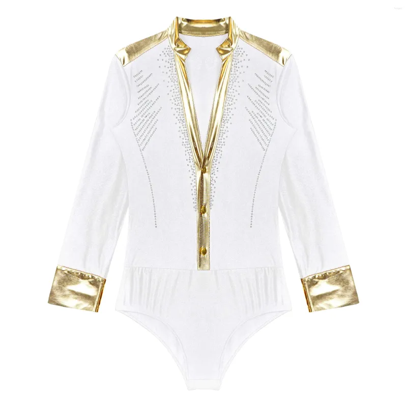 YONGHS Men's Shiny Rhinestone Latin Dance Shirt - V-Neck Leotard Bodysuit For Tango, Ballroom