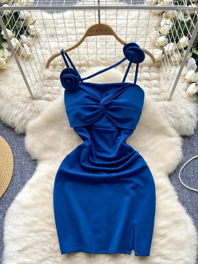 Women's Blue Strapless Sleeveless Mini Dress with 3D Floral Decoration