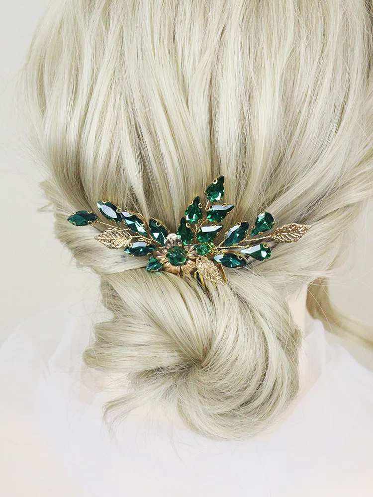 Rhinestone Hair Clips, Emerald Green Hair Clip: Vintage Leaf  display picture 3