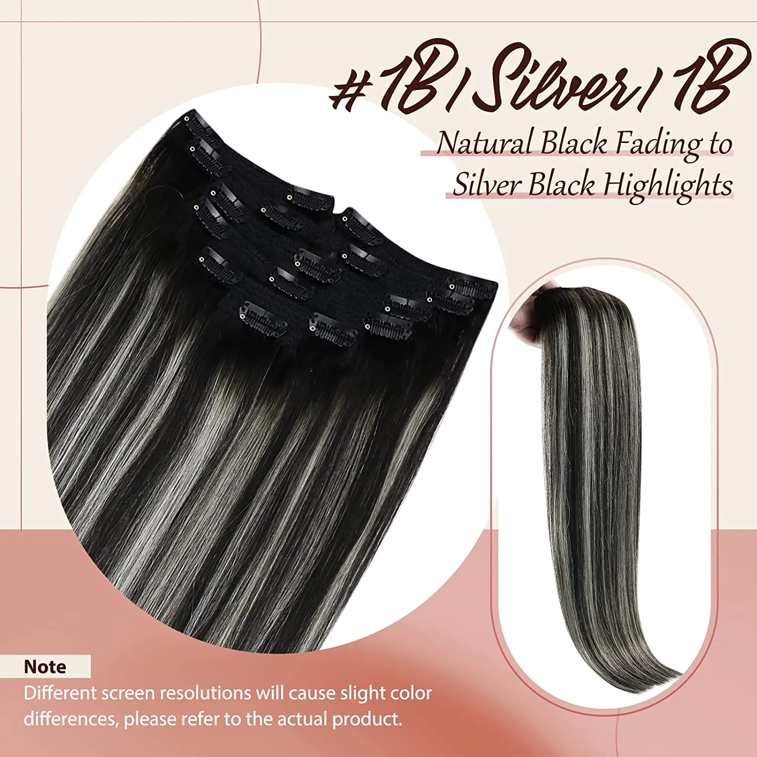 Real Human Hair Clip In Extensions Black Balayage Silver 18 