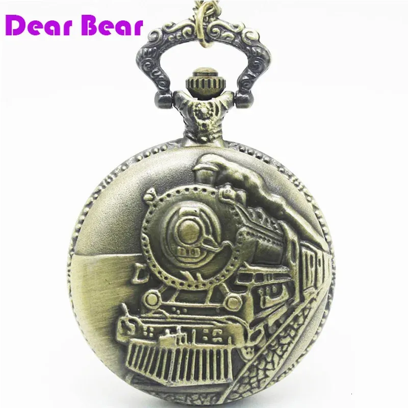 Trian Watch Bronze Railroad Steam Train Head Quartz Pocket Watch with Rib Necklace ...