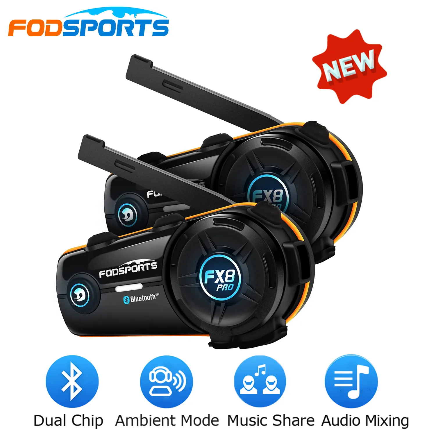 Fodsports FX8 Pro Motorcycle Bluetooth Headset Dual Intercom For 8