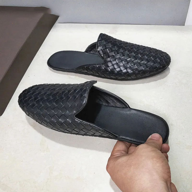 Mens Genuine Leather Black Woven Slip-On Sandals Flat Heel  display picture 2